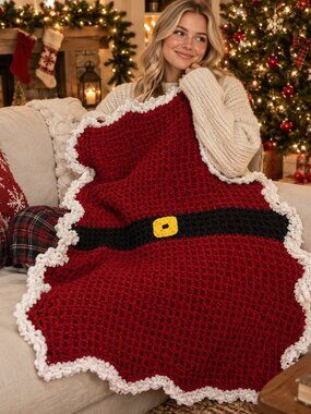 Handmade Crochet Waffle stitch Lapghan Santa's Coat Size 46"X30" #Holiday